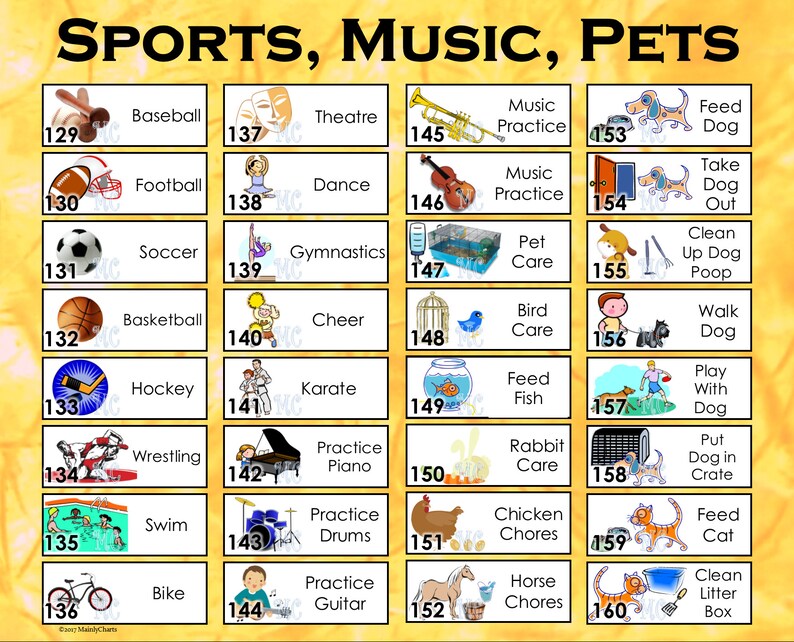 May include: A colorful chart with illustrations of sports, music, and pets. The chart is divided into three sections, each with a different theme. The sports section includes baseball, football, soccer, basketball, hockey, wrestling, swim, and bike. The music section includes theatre, dance, gymnastics, cheer, karate, practice piano, practice drums, and practice guitar. The pets section includes feed dog, take dog out, clean up dog poop, walk dog, play with dog, put dog in crate, feed cat, and clean litter box.