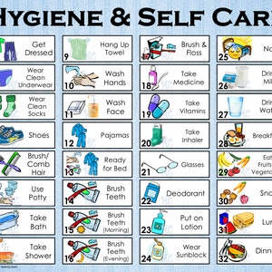 May include: A colorful chart with 32 illustrated squares, each depicting a hygiene or self-care task. The chart is titled "Hygiene & Self Care" and includes tasks like getting dressed, brushing teeth, taking a bath, and eating breakfast.