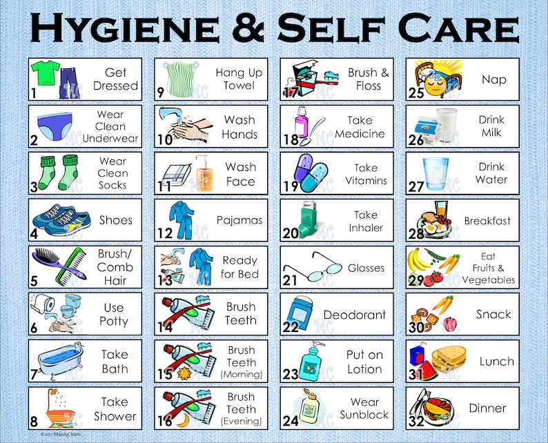 May include: A colorful chart with 32 illustrated squares, each depicting a hygiene or self-care task. The chart is titled "Hygiene & Self Care" and includes tasks like getting dressed, brushing teeth, taking a bath, and eating breakfast.