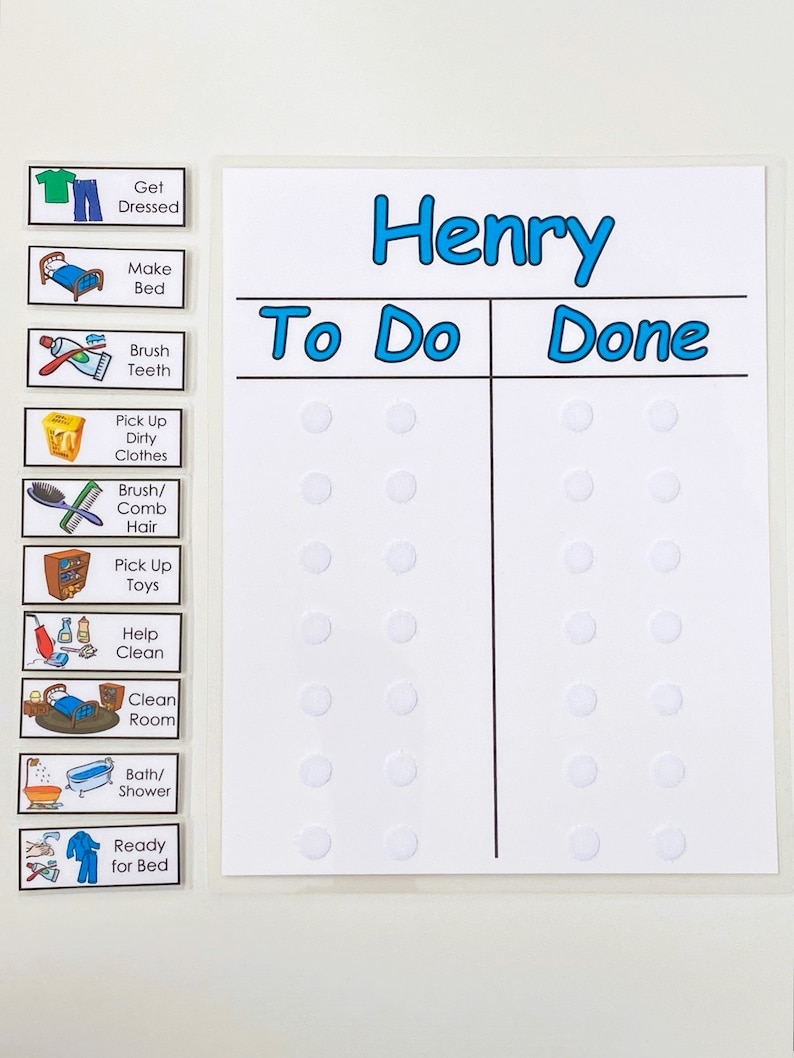 K&ouml;nnte beinhalten: Ein wei&szlig;es Trockenl&ouml;schboard mit dem Namen "Henry" oben. Das Board ist in zwei Spalten unterteilt, die mit "To Do" und "Done" beschriftet sind. Auf jeder Seite des Boards befinden sich 10 Reihen mit Kreisen. Jede Reihe hat ein entsprechendes Bildsymbol mit einem darunter geschriebenen Auftrag.