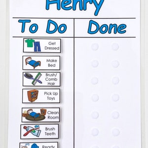 May include: A white dry-erase board with a blue header that says "Henry" and "To Do" and "Done".  There are seven colorful icons with text below each icon.  The icons represent daily tasks such as getting dressed, making the bed, brushing teeth, and getting ready for bed.  There are white circles next to each icon for marking tasks as complete.