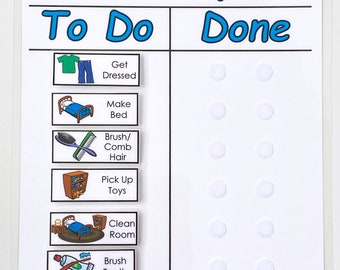 May include: A white dry-erase board with a blue header that says "Henry" and "To Do" and "Done".  There are seven colorful icons with text below each icon.  The icons represent daily tasks such as getting dressed, making the bed, brushing teeth, and getting ready for bed.  There are white circles next to each icon for marking tasks as complete.