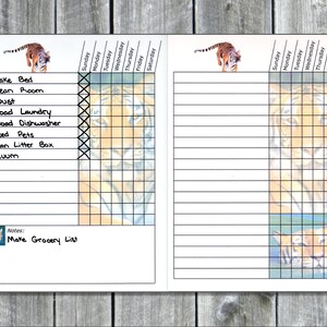 May include: A printable checklist with a tiger graphic. The checklist includes tasks such as make bed, clean room, dust, load laundry, unload dishwasher, feed pets, clean litter box, and vacuum. The checklist is divided into days of the week, Sunday through Saturday.