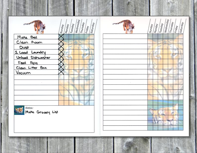 May include: A printable checklist with a tiger graphic. The checklist includes tasks such as make bed, clean room, dust, load laundry, unload dishwasher, feed pets, clean litter box, and vacuum. The checklist is divided into days of the week, Sunday through Saturday.