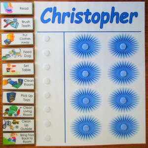 May include: A white board with blue text that says "Christopher". There are 10 blue starburst stickers on the board. On the left side of the board are 10 colorful squares with pictures and text. The text on the squares includes "Read", "Brush Teeth", "Put Clothes Away", "Feed Dog", "Set Table", "Clean Room", "Pick Up Toys", "Clean Living Room", "Clean Up Outside", and "Bring Toys Back to Room".