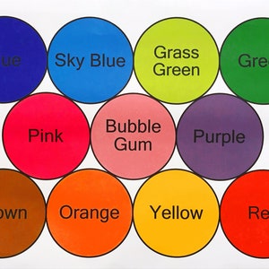 K&ouml;nnte beinhalten: Ein Diagramm mit 10 farbigen Kreisen, jeder mit einem anderen Farbnamen darin geschrieben. Die Farben sind blau, himmelblau, grasgr&uuml;n, gr&uuml;n, rosa, kaugummi, lila, braun, orange, gelb und rot.