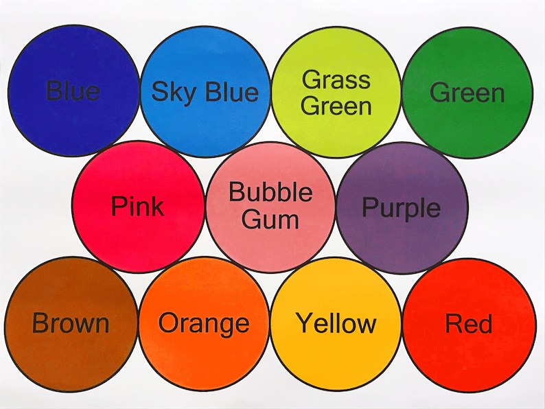 K&ouml;nnte beinhalten: Ein Diagramm mit 10 farbigen Kreisen, jeder mit einem anderen Farbnamen darin geschrieben. Die Farben sind blau, himmelblau, grasgr&uuml;n, gr&uuml;n, rosa, kaugummi, lila, braun, orange, gelb und rot.