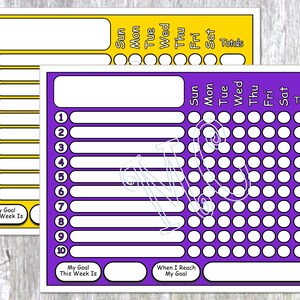 2 tablas de tareas semanales en PDF con sección de recompensa de objetivos en letra y tamaño A4 incluidos. Imprimible en morado y amarillo.