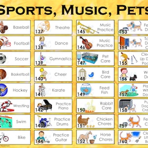32 tareas ilustradas. Set 5: Deportes, música y mascotas, tamaño A4 y carta, temático para niños o niñas Crea tu propia tabla de tareas o imanes