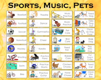 32 Illustrated Chores. Set 5: Sports, Music, and Pets, A4 & Letter Size, Themed for Boys or Girls Create your own Chore Chart or Magnets