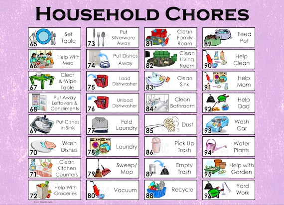 32 Illustrated Chores. Set 3: Household and Family Chores, A4 or Letter Size, Themed for Boys or Girls Create your own Charts or Magnets