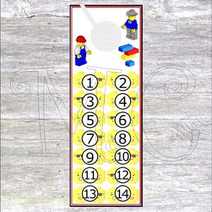 Puede incluir: Una minifigura Lego amarilla y roja con un cinturón de herramientas y un casco amarillo se encuentra junto a una minifigura Lego amarilla y negra que lleva un sombrero gris. Las minifiguras están sobre un fondo blanco con una cuadrícula numerada amarilla y negra. Los números de la cuadrícula son del 1 al 14.