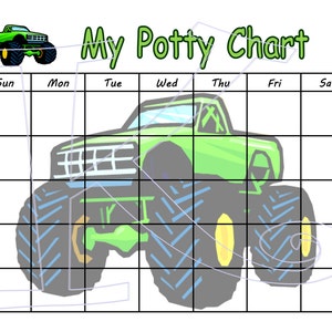 May include: A green monster truck potty chart with a grid of squares labeled with the days of the week. The monster truck is drawn in a cartoon style with large wheels and a smiling face.