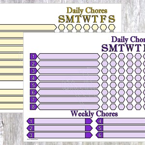 2 gráficos en PDF con tareas diarias y semanales, estilo carta con inicio en domingo, estilo A4 con inicio en lunes, 1 gráfico amarillo, 1 gráfico morado