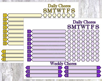 2 PDF Charts with Daily and Weekly Chores, Letter Style with Sunday start, A4 Style with Monday Start, 1 Yellow Chart 1 Purple Chart