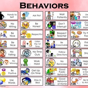 May include: A colorful chart with 128 numbered squares, each containing an illustration and a short phrase describing positive behaviors. The chart is titled "BEHAVIORS" and is set against a pink background.