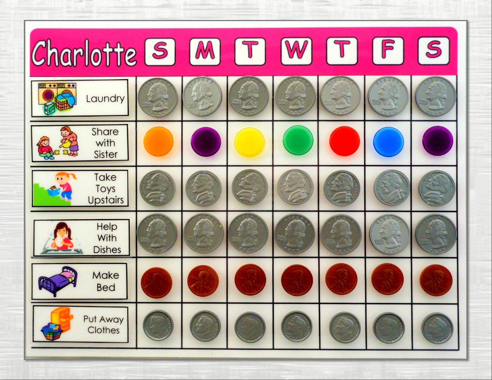 Deluxe Allowance Chore Chart Shipped you choose Coins and Chores (hook and loop backing) Comes Ready to Use
