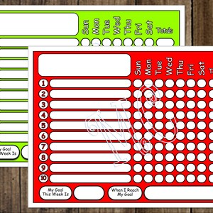 2 tablas de tareas semanales en PDF con sección de recompensa de objetivos en letra y tamaño A4 incluidos. Imprimible en verde y rojo.