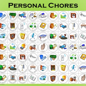 Botones o imanes de tareas de bricolaje. Conjunto 2: Tareas personales y pertenencias, utilice perforadora temática de 1" para niños o niñas, en tamaño PDF A4 o Carta