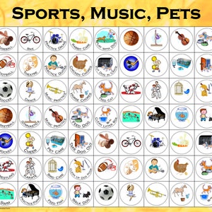 Imanes de tareas de bricolaje. Conjunto 5: Deportes, música y mascotas. Utilice perforadoras de 1" con temática para niños y niñas. Cree su propia tabla de tareas, A4 o carta.