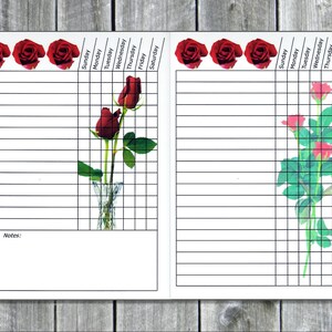 May include: A printable planner with a floral theme. The planner has a grid layout with days of the week listed across the top. The planner is decorated with red roses and green leaves.