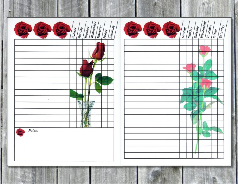 May include: A printable planner with a floral theme. The planner has a grid layout with days of the week listed across the top. The planner is decorated with red roses and green leaves.