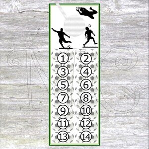 May include: A green and white numbered football board with two footballers and a goalkeeper in silhouette. The numbers on the board are 1 through 14.