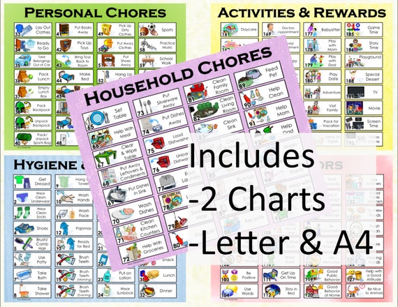 192 Chores, Behaviors, and Tasks Plus 2 Charts for Instant Download for DIY Chore Charts, Schedules, and Daily Planners. Letter and A4 Size