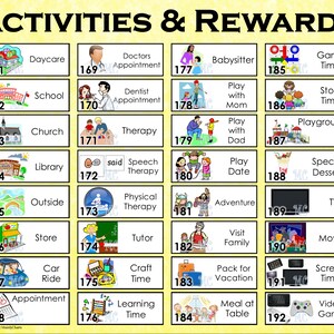 May include: A colorful chart with yellow squares and black borders. Each square has a number, an image, and a text label. The chart is titled "Activities & Rewards". The activities include daycare, school, church, library, outside, store, car ride, appointment, and learning time. The rewards include game time, story time, playground, special dessert, TV, movie, screen time, and video game.