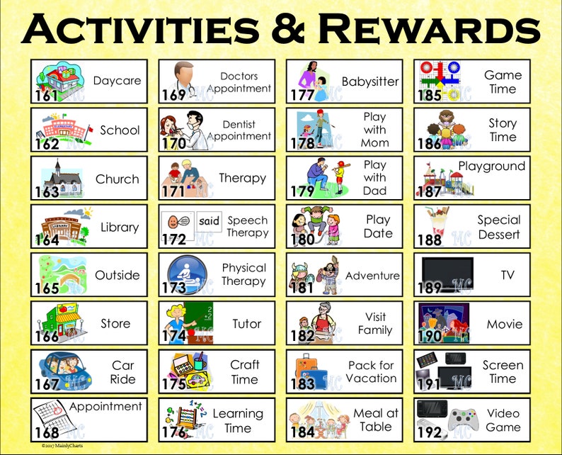 May include: A colorful chart with yellow squares and black borders. Each square has a number, an image, and a text label. The chart is titled "Activities & Rewards". The activities include daycare, school, church, library, outside, store, car ride, appointment, and learning time. The rewards include game time, story time, playground, special dessert, TV, movie, screen time, and video game.
