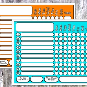 2 tablas de tareas semanales en PDF con sección de recompensa de objetivos en letra y tamaño A4 incluidos. Imprimible en naranja y azul.