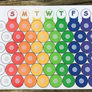 May include: A colorful chart with the days of the week labeled S, M, T, W, T, F, S. Each day has a row of seven circles, with the circles in each row changing color from white to red, orange, yellow, green, blue, and purple.