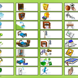 May include: A set of 20 colorful illustrations depicting various activities and objects, including a blue shirt and jeans, a blue jacket, a car, a lunch bag, a bed, a coat rack, a book, a backpack, a light switch, and a person running. The illustrations are arranged in a grid pattern on a green background.