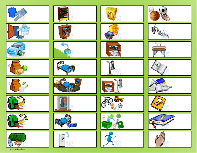 May include: A set of 20 colorful illustrations depicting various activities and objects, including a blue shirt and jeans, a blue jacket, a car, a lunch bag, a bed, a coat rack, a book, a backpack, a light switch, and a person running. The illustrations are arranged in a grid pattern on a green background.