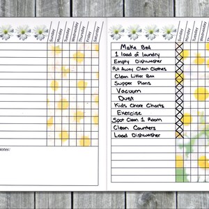 May include: A white printable chore chart with a floral design. The chart includes a list of daily chores such as make bed, load of laundry, empty dishwasher, put away clean clothes, clean litter box, supper plans, vacuum, dust, kids chore charts, exercise, spot clean 1 room, clean counters, and load dishwasher. The chart is divided into days of the week, Sunday through Saturday.