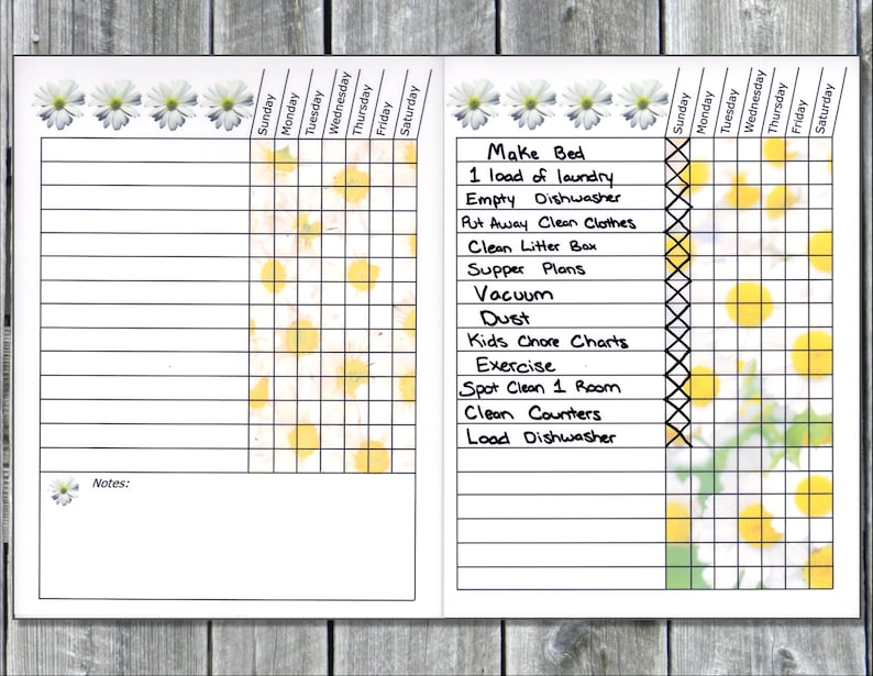 May include: A white printable chore chart with a floral design. The chart includes a list of daily chores such as make bed, load of laundry, empty dishwasher, put away clean clothes, clean litter box, supper plans, vacuum, dust, kids chore charts, exercise, spot clean 1 room, clean counters, and load dishwasher. The chart is divided into days of the week, Sunday through Saturday.
