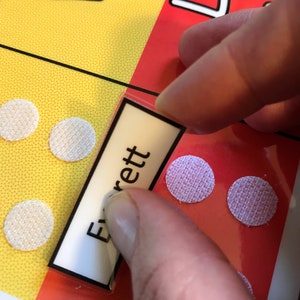 Pu&ograve; includere: Un cartoncino bianco con il nome "Everett" stampato in nero. Il cartoncino viene posizionato su un grafico rosso e giallo con punti bianchi.