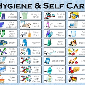 32 tareas ilustradas. Conjunto 1: Higiene y cuidado personal, tamaño A4 y carta, temático para niños o niñas Crea tu propia tabla de tareas o lista de verificación