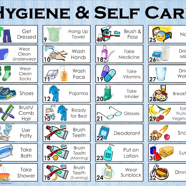 32 Illustrated Chores. Set 1: Hygiene and Self Care, A4 & Letter Size, Themed for Boys or Girls Create your own Chore Chart or Checklist