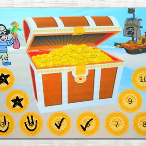 May include: A cartoon pirate holding a sword and a bag of gold stands next to an open treasure chest filled with gold coins.  The chest is decorated with a white and brown design.  There are ten gold coins with numbers 3, 4, 5, 6, 7, 8, 9, 10, and two stars on them.