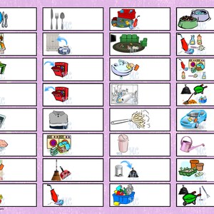May include: A set of 24 illustrated cards depicting various household chores and activities. The cards are organized in rows of four, with each card featuring a colorful illustration. The illustrations include activities like setting the table, cleaning the kitchen, doing laundry, and taking out the trash.
