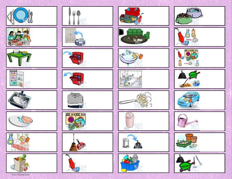 May include: A set of 24 illustrated cards depicting various household chores and activities. The cards are organized in rows of four, with each card featuring a colorful illustration. The illustrations include activities like setting the table, cleaning the kitchen, doing laundry, and taking out the trash.