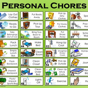 May include: A green chart with 64 colorful squares, each containing an illustration and a chore. The chores are listed in a grid format with numbers 33 to 64. The chart is titled "Personal Chores".