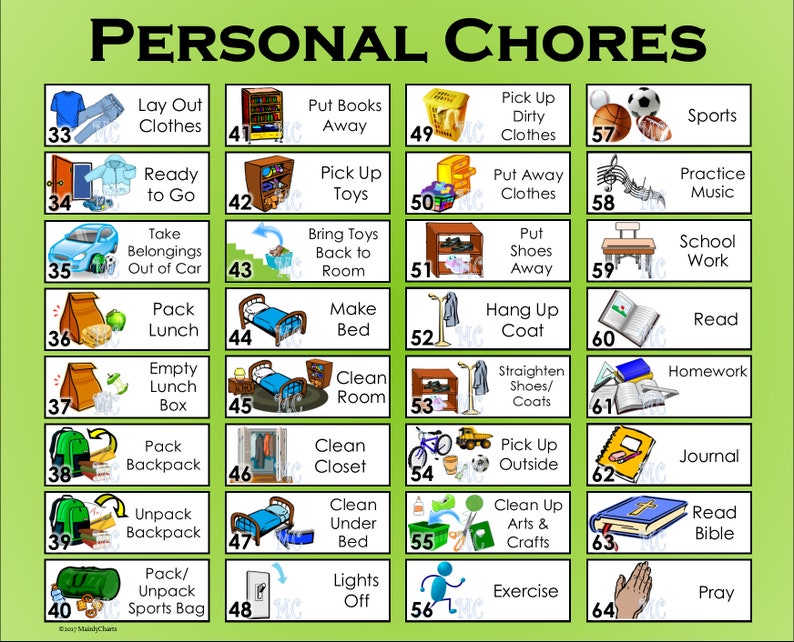 May include: A green chart with 64 colorful squares, each containing an illustration and a chore. The chores are listed in a grid format with numbers 33 to 64. The chart is titled "Personal Chores".