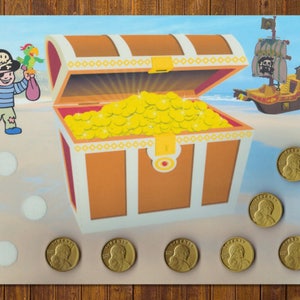 May include: A cartoon pirate holding a sword and a bag of gold stands next to a treasure chest overflowing with gold coins. A pirate ship sails in the background. There are eight gold coins scattered on the sand.