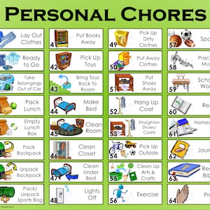 32 tareas ilustradas. Set 2: Tareas personales y pertenencias, tamaño A4 o carta, temático para niños o niñas Crea tus propios gráficos o imanes