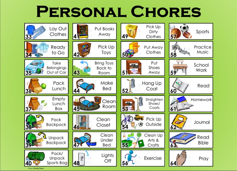 May include: A green and white chart with the title "PERSONAL CHORES" and 64 numbered squares. Each square contains an illustration and a chore, such as "Lay Out Clothes", "Pick Up Toys", "Hang Up Coat", "Read", and "Pray".