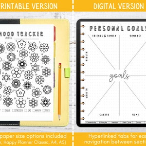 Pu&ograve; includere: Un tracker dell'umore stampabile e un pianificatore digitale degli obiettivi personali. Il tracker dell'umore presenta illustrazioni floreali per ogni giorno del mese, con una chiave per le emozioni. Il pianificatore digitale ha sezioni per obiettivi, carriera e casa.