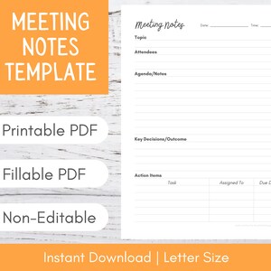 Meeting Notes Template | Meeting Minutes Printable | Fillable Meeting Agenda | Work From Home Planner | Meeting Agenda Template Printable