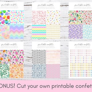 Puede incluir: Patrones de confeti imprimibles con una variedad de dise&ntilde;os que incluyen lunares, estrellas, flores y rayas. El texto "confeti imprimible" est&aacute; en la parte superior de cada hoja. El texto "&iexcl;BONO! &iexcl;Corta tu propio confeti imprimible!" est&aacute; en la parte inferior de la imagen.